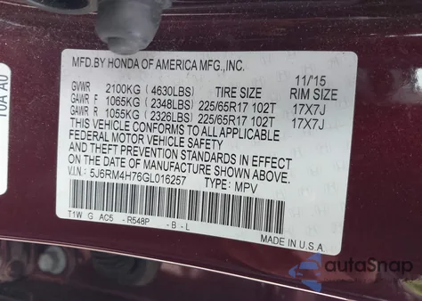 2016 Honda Cr-V Ex-L from USA, damaged, VIN 5J6RM4H76GL016257